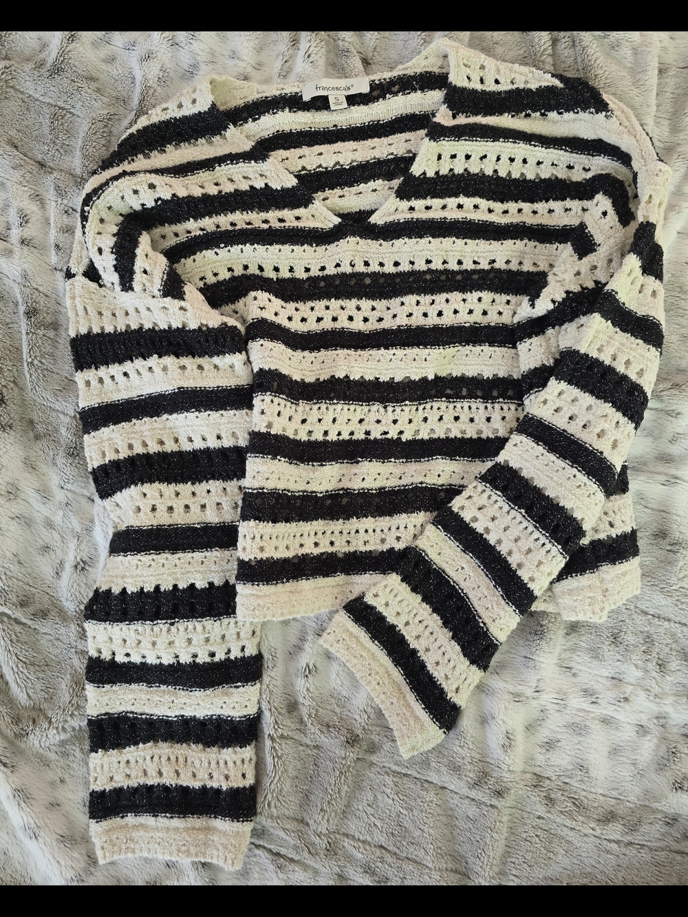Francesca's Collections Black & Cream Striped Open-Knit V-Neck Sweater
